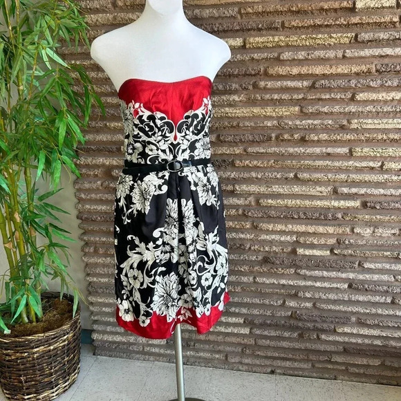 White House Black Market 100% Silk Red and Black Strapless Party Dress Size 12 - Picture 1 of 7